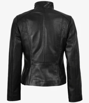 Women's Black Real Leather Jacket with Asymmetrical Zip Closure