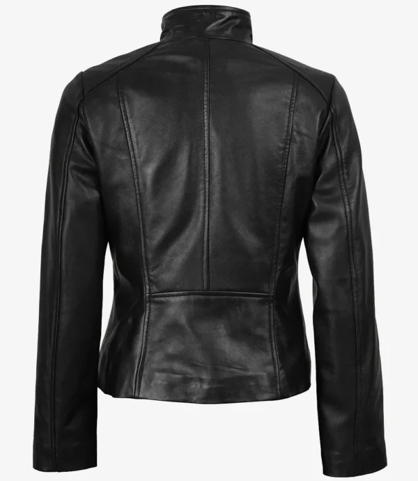 Women's Black Real Leather Jacket with Asymmetrical Zip Closure