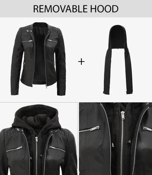 Women's Black Leather Jacket with Removable Hood