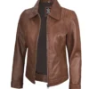 Womens Shirt Collar Cognac Harrington Leather Jacket