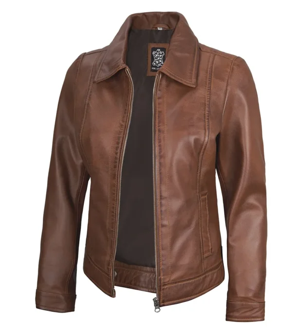 Womens Shirt Collar Cognac Harrington Leather Jacket