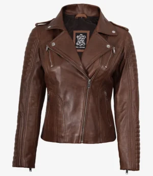 Women's Cognac Biker Style Leather Jacket with Removable Hood