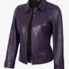 Womens Shirt Collar Purple Leather Jacket
