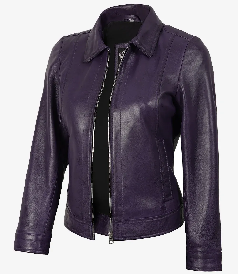 Womens Shirt Collar Purple Leather Jacket