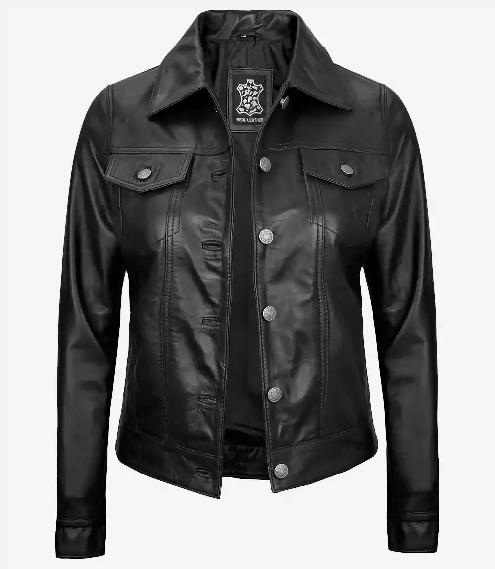 Women's Black Lambskin Leather Four-Pocket Trucker Jacket Women's Black Lambskin Leather Four-Pocket Trucker Jacket