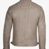 Men's Biker Style Warm Beige Waxed Leather Jacket - Quilted Shoulder