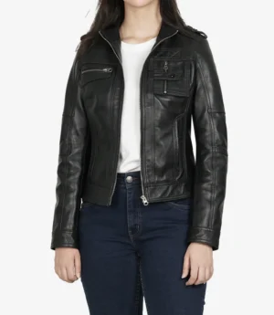 Womens Black Leather Moto Jacket - Classic Biker Style