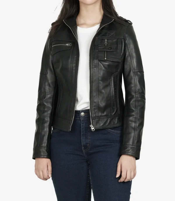 Womens Black Leather Moto Jacket - Classic Biker Style