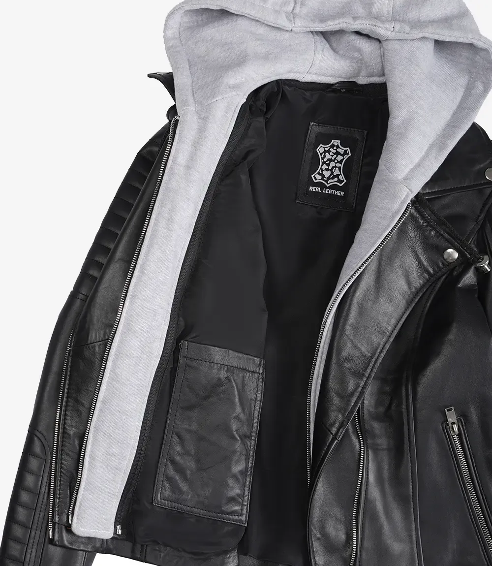 Womens Asymmetrical Black Leather Biker Style Jacket with Hood Womens Asymmetrical Black Leather Biker Style Jacket with Hood