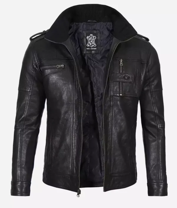Men's Black Washed Leather Biker Style Jacket