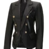 Kim Women's Double Breasted Black Leather Blazer