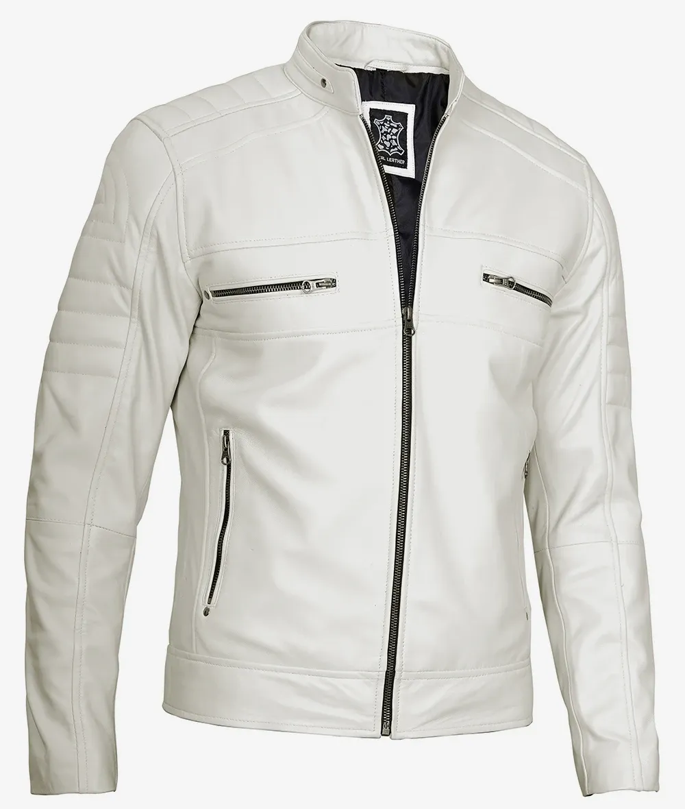 Mens Off White Biker Style Leather Jacket