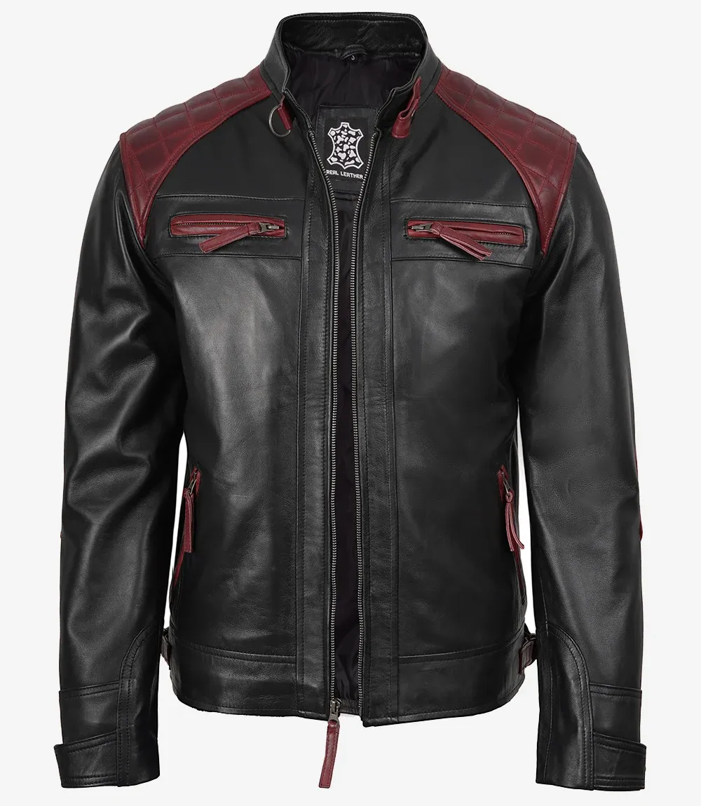 Men's Black and Maroon Biker Style Leather Jacket - Quilted Shoulder