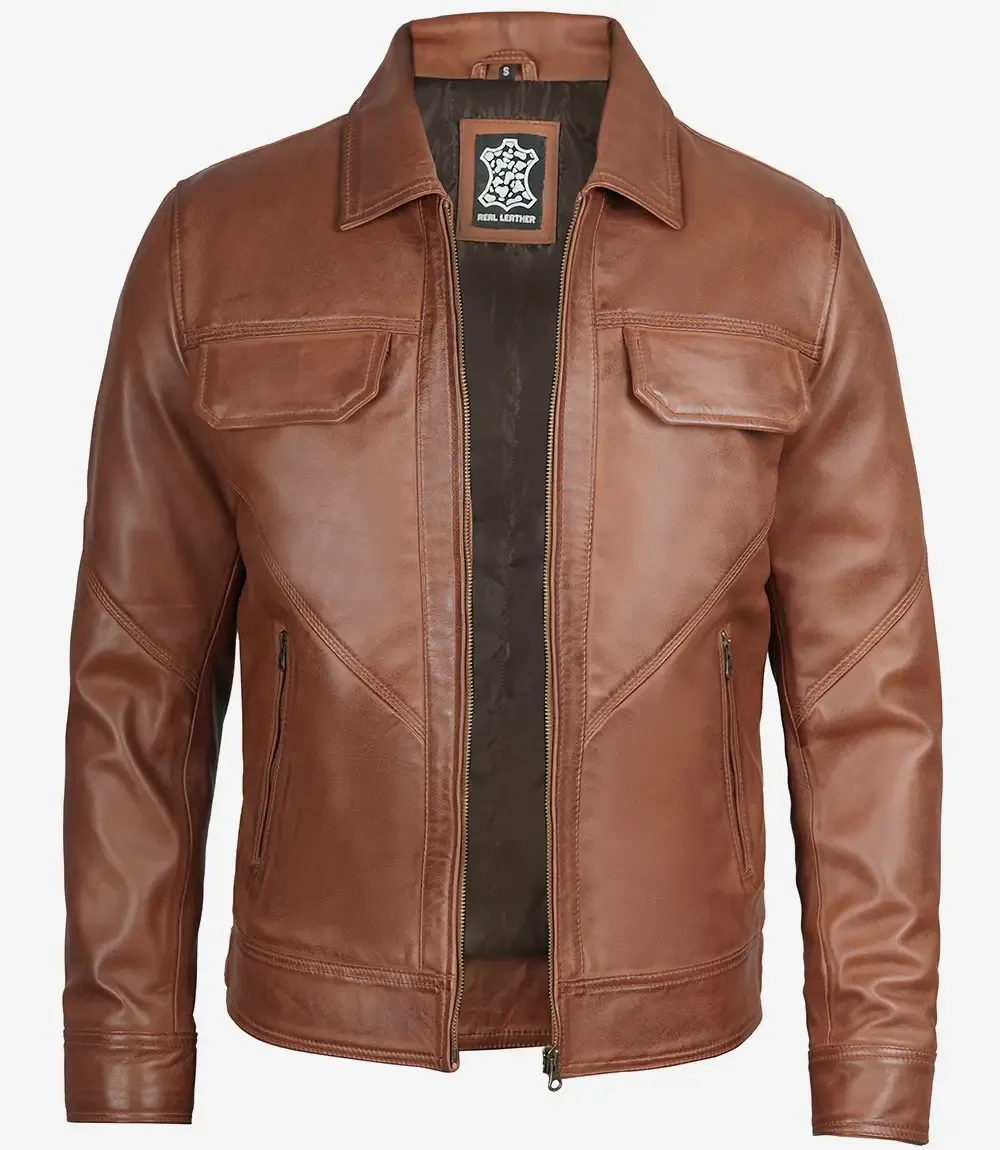 Men's Classic Shirt Collar Cognac Trucker Leather Jacket Men's Classic Shirt Collar Cognac Trucker Leather Jacket