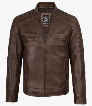 Men’s Coffee Brown Distressed Leather Jacket - Biker Style