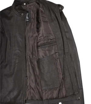 Men's Dark Brown Shearling Leather Moto Jacket - Asymmetrical Shearling Lining