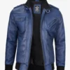 Men's Blue Wax Leather Bomber Jacket With Removable Hood
