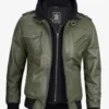 Men's Olive Green Bomber Leather Jacket With Removable Hood