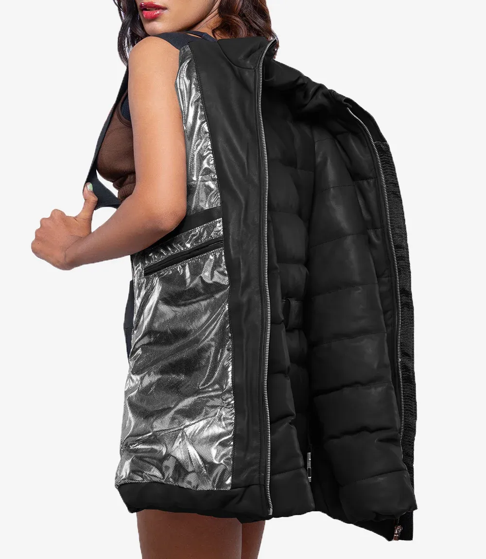 Robin Womens Vegan Leather Duck Down Black Puffer Jacket Robin Womens Vegan Leather Duck Down Black Puffer Jacket