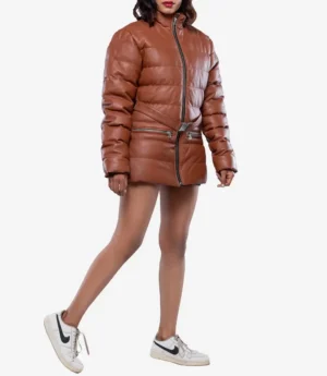 Robin Womens Vegan Leather Duck Down Cognac Puffer Jacket