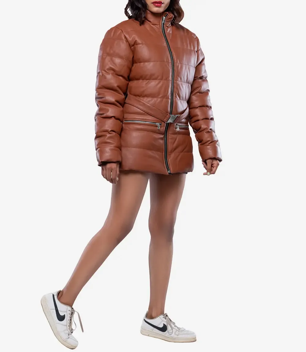 Robin Womens Vegan Leather Duck Down Cognac Puffer Jacket Robin Womens Vegan Leather Duck Down Cognac Puffer Jacket