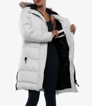 Ella Women’s White Hooded Parka Puffer Jacket – Long Length