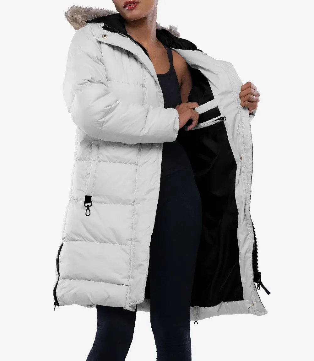 Ella Women’s White Hooded Parka Puffer Jacket – Long Length Ella Women’s White Hooded Parka Puffer Jacket – Long Length