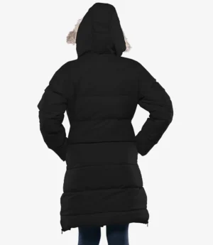 Ella Black Women's Long Puffer Parka Jacket with Faux Fur Trim Hood