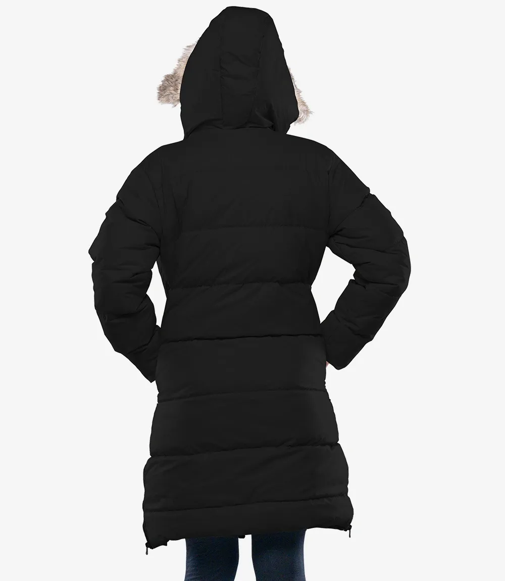 Ella Black Women's Long Puffer Parka Jacket with Faux Fur Trim Hood Ella Black Women's Long Puffer Parka Jacket with Faux Fur Trim Hood