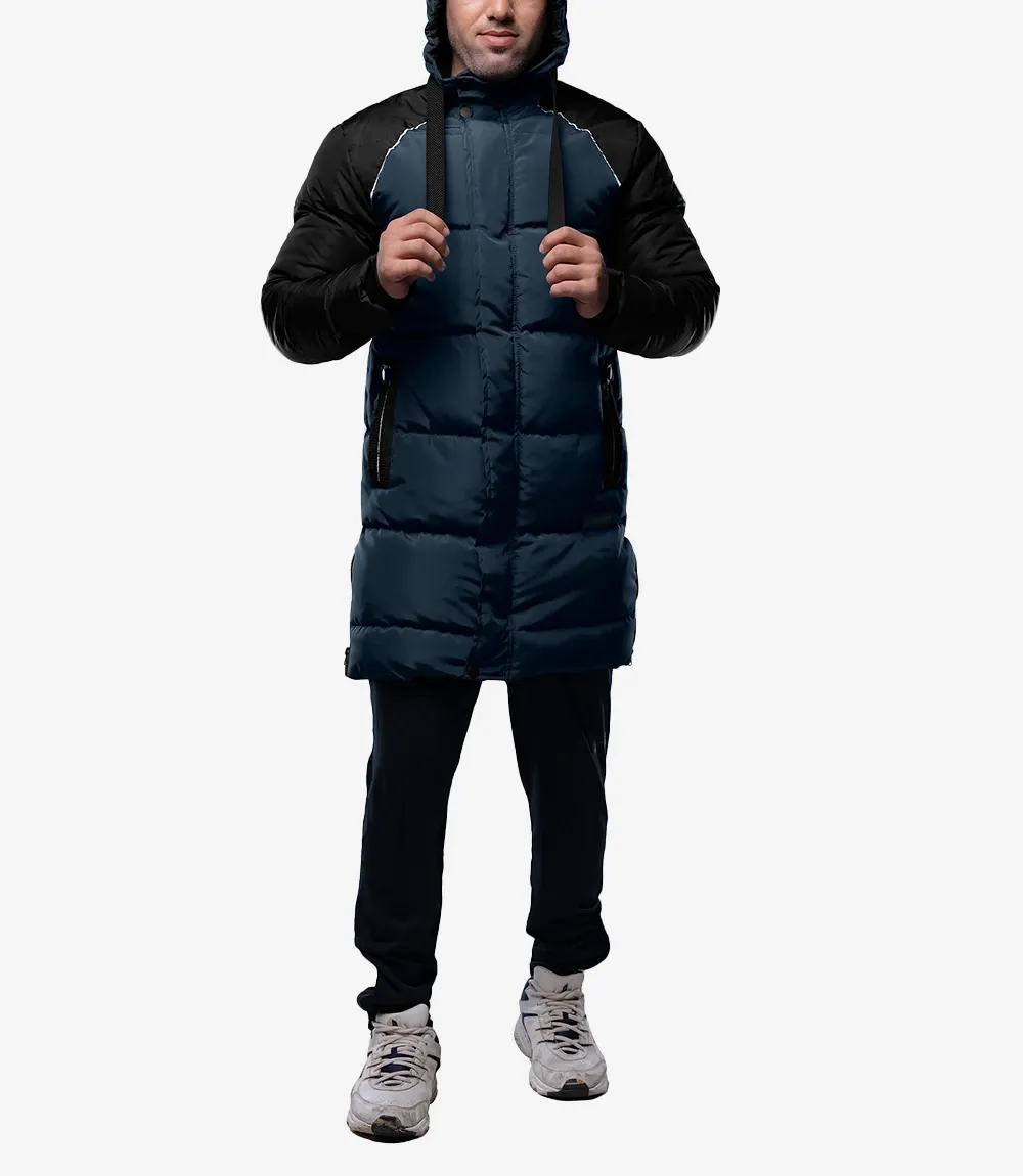 Lonnie Navy Blue & Grey Mens Long Winter Puffer Jacket - Hooded Down Coat Lonnie Navy Blue & Grey Mens Long Winter Puffer Jacket - Hooded Down Coat