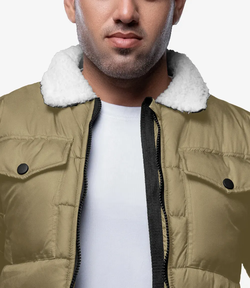 Bryce Men’s Beige Trucker-Style Puffer Jacket – Fur Collar Bryce Men’s Beige Trucker-Style Puffer Jacket – Fur Collar