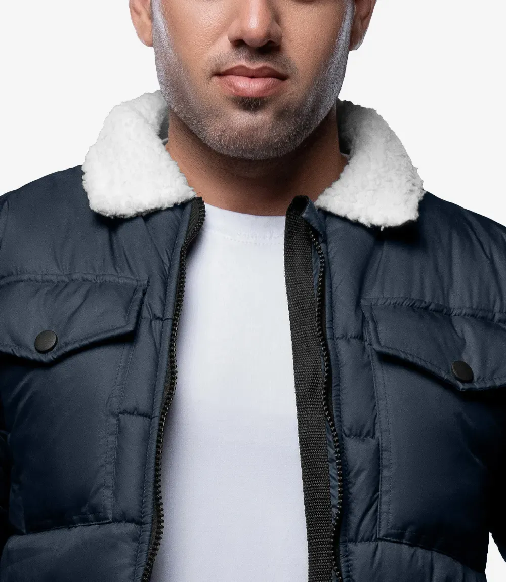 Bryce Men’s Blue Trucker-Style Puffer Jacket – Fur Collar Bryce Men’s Blue Trucker-Style Puffer Jacket – Fur Collar