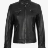 Womens Black Leather Biker Style Jacket - Quilted Shoulder