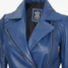 Womens Asymmetrical Blue Belted Biker Style Leather Jacket