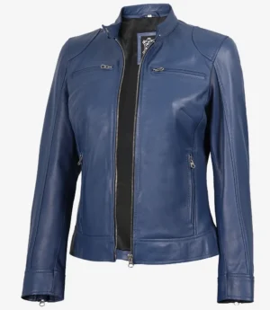 Women's Blue Biker Style Leather Jacket - Modern Fit