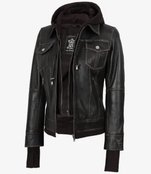 Women's Distressed Brown Bomber Leather Jacket with Removable Hood