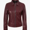 Womens Shirt Collar Burgundy Leather Jacket