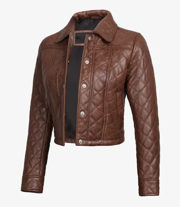 Womens Quilted Cropped Cognac Leather Jacket