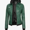 Womens Green Bomber Leather Jacket with Removable Hood