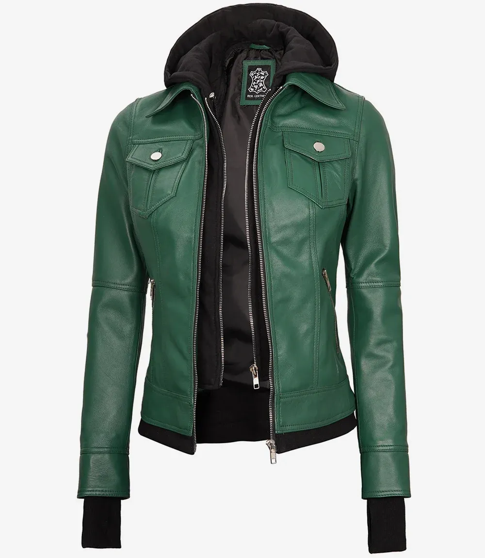 Womens Green Bomber Leather Jacket with Removable Hood Womens Green Bomber Leather Jacket with Removable Hood
