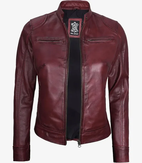 Womens Real Leather Burgundy Biker Style Jacket