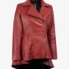 Women's Red Leather Peplum Jacket with Asymmetrical Zip Closure