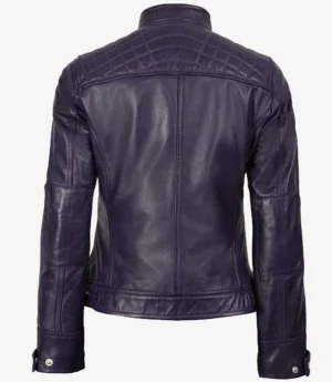 Women's Purple Biker Style Leather Jacket - Quilted Shoulder