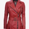 Womens Red Belted Biker Style Leather Jacket