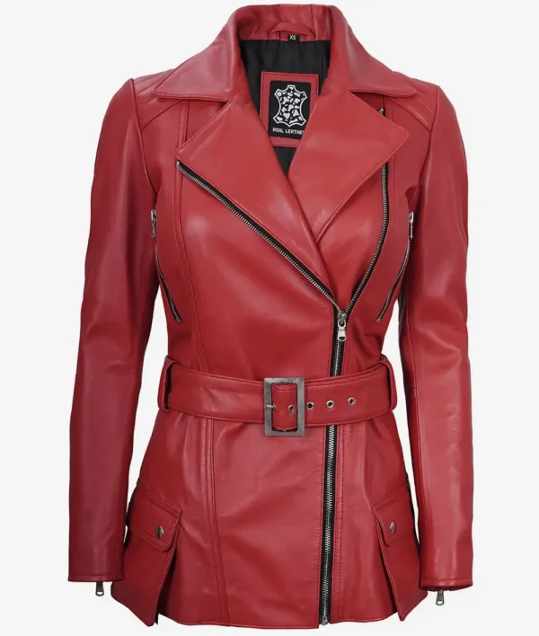 Womens Red Belted Biker Style Leather Jacket