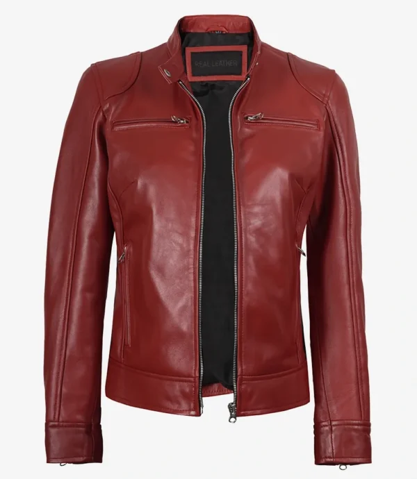 Womens Real Leather Red Biker Style Jacket