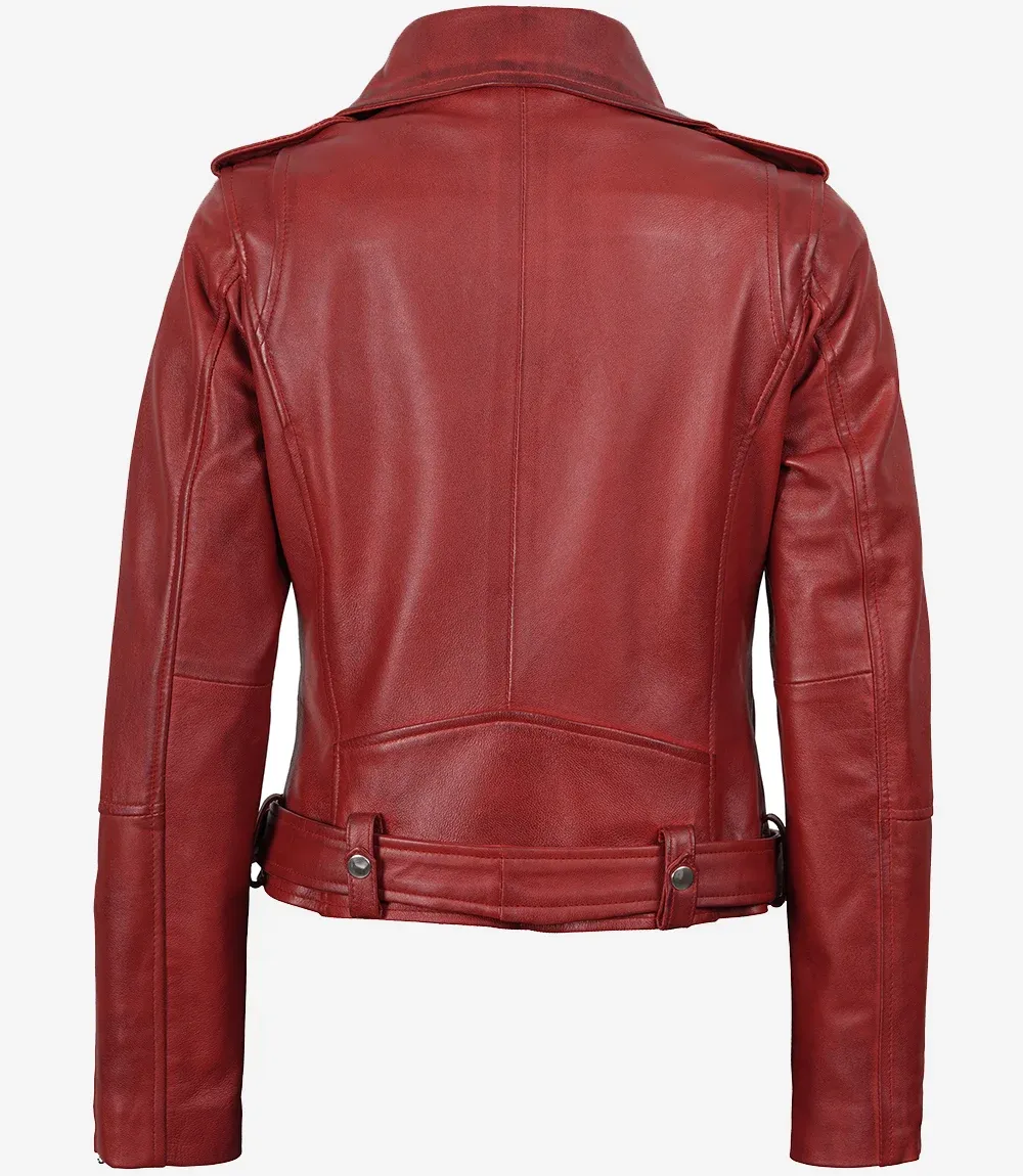 Women's Red Asymmetrical Belted Biker Style Leather Jacket Women's Red Asymmetrical Belted Biker Style Leather Jacket