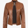 Women's Tan Waxed Slim Fit Biker Style Leather Jacket