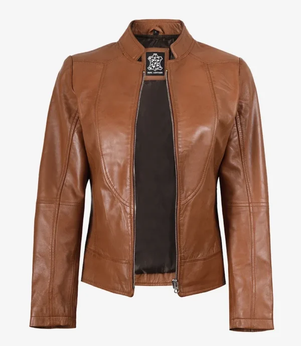 Women's Tan Waxed Slim Fit Biker Style Leather Jacket