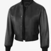 Womens Drop Shoulder Black Bomber Leather Jacket - Cropped Style